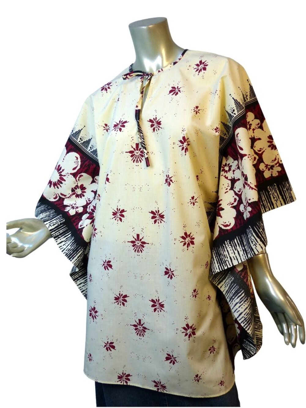 Women's Hawaiian Kaftan Poncho One Size (M - XL) Beige Maroon Foral Tie Neck